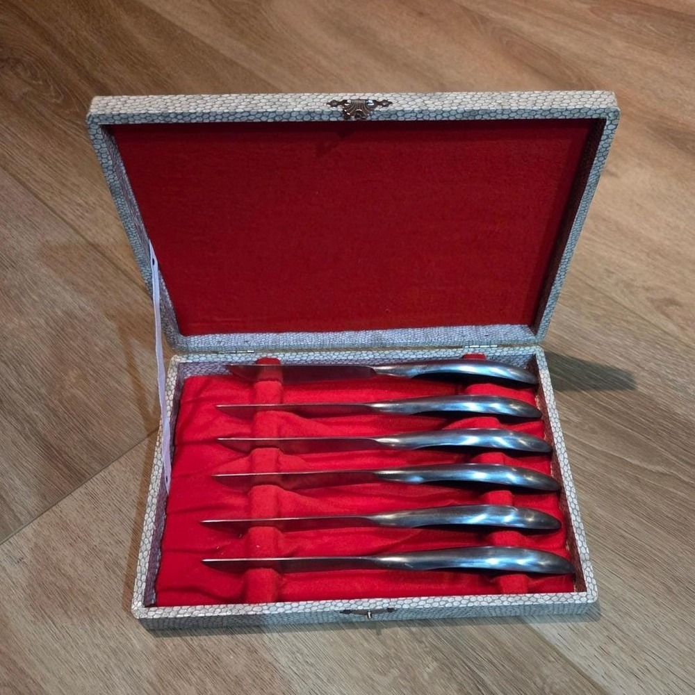 Vintage Set of 6 Stainless Steel Serrated Steak Knives‎ in Box Made in Japan